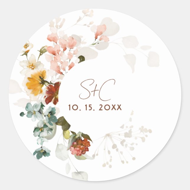 Chic Rustic Boho Wildflower Floral Garden Wedding Classic Round Sticker (Front)