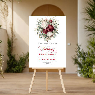 Chic Rustic Burgundy Floral Eucalyptus Welcome  Poster