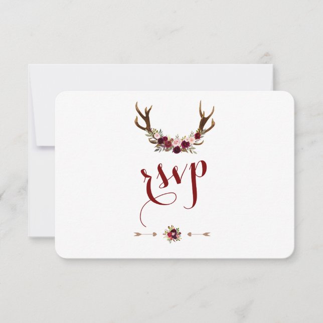 Chic Rustic Burgundy Marsala Floral Antlers RSVP Card (Front)
