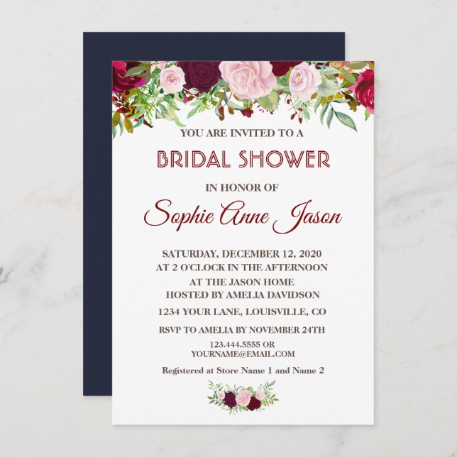 Chic Rustic Burgundy Marsala Floral Bridal Shower Invitation (Front/Back)