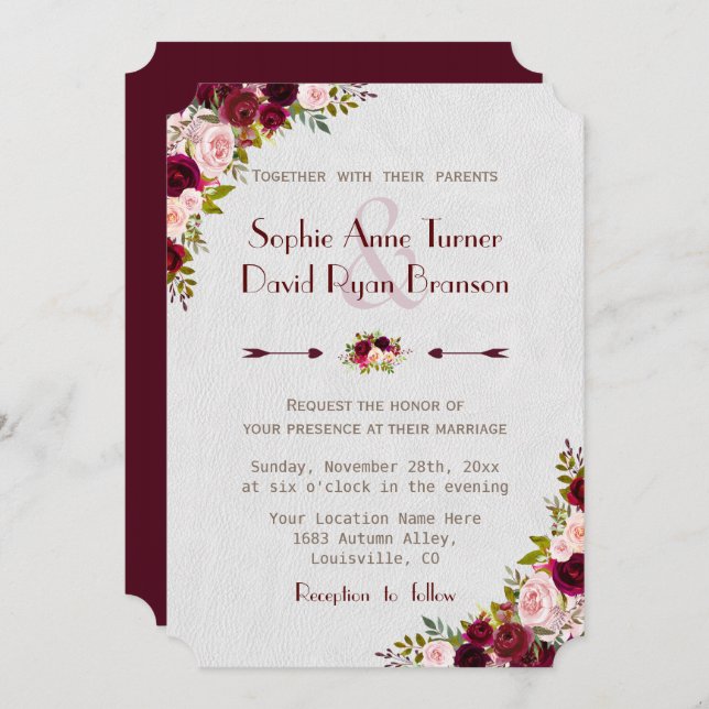 Chic Rustic Burgundy Marsala Floral Wedding Invitation (Front/Back)