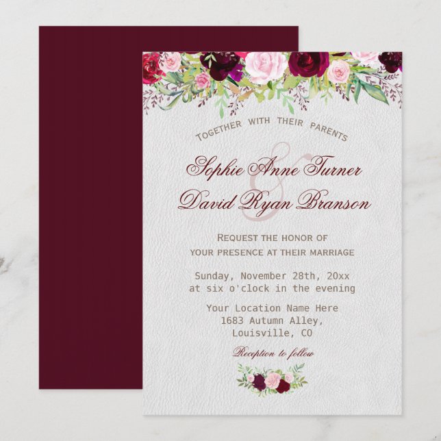 Chic Rustic Burgundy Marsala Floral Wedding Invitation (Front/Back)