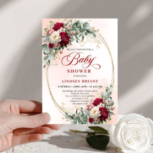 Chic Rustic Burgundy Peony Gold Baby Shower Invite