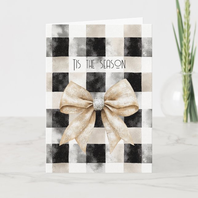 Chic Rustic Christmas Cream Black Silver Glam Bow Card (Front)