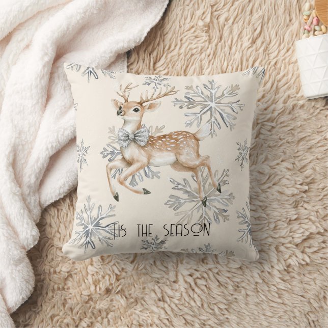 Chic Rustic Christmas Cream Deer Snowflakes Cushion (Blanket)
