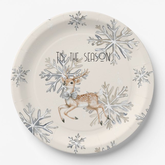 Chic Rustic Christmas Cream Deer Snowflakes Paper Plate (Front)