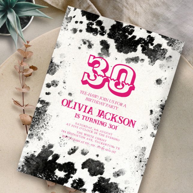 Chic Rustic Cow Print Hot Pink 30th Birthday Party Invitation (Creator Uploaded)