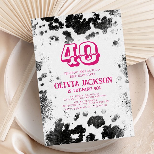 Chic Rustic Cow Print Hot Pink 40th Birthday Party Invitation (Creator Uploaded)