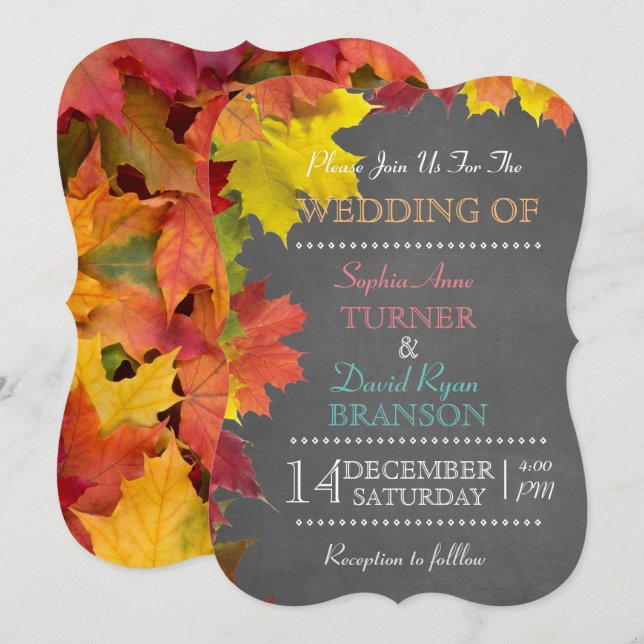 Chic Rustic Fall Leaves Chalkboard Wedding Invite (Front/Back)