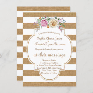 Chic Rustic Floral Burlap Stripes Wedding Invite