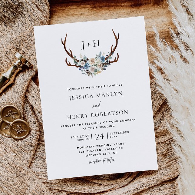 Chic Rustic Floral Stag Antlers Wedding Invitation (Creator Uploaded)
