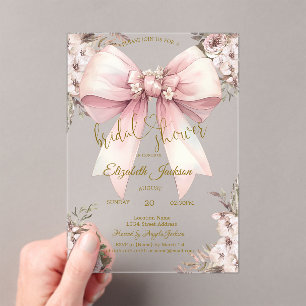 Chic Rustic Flowers Pink Bow Bridal Shower Acrylic Invitations