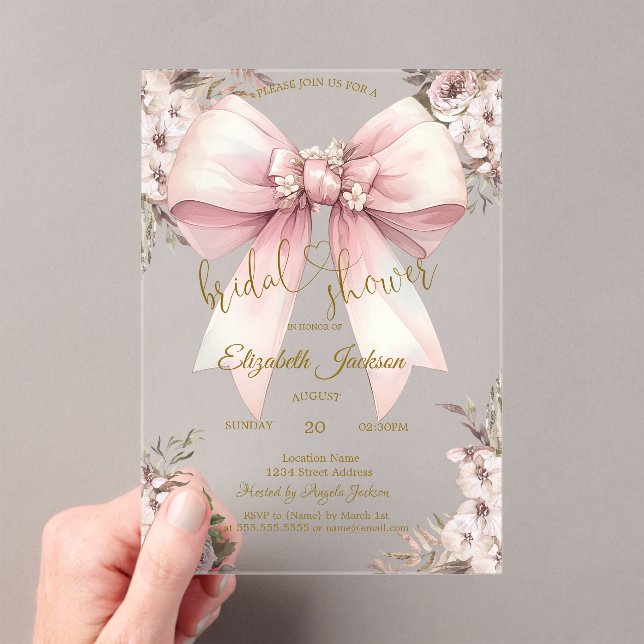 Chic Rustic Flowers Pink Bow Bridal Shower Acrylic Invitations (Insitu (Handheld))