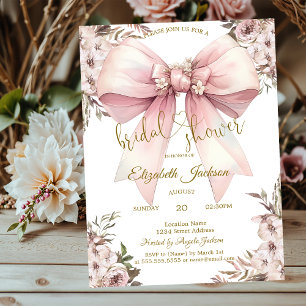 Chic Rustic Flowers Pink Bow Bridal Shower Invitation