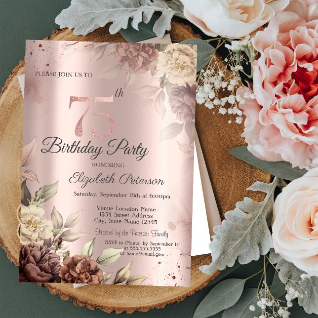 Chic Rustic Flowers Rose Gold 75th Birthday   Invitation (Creator Uploaded)