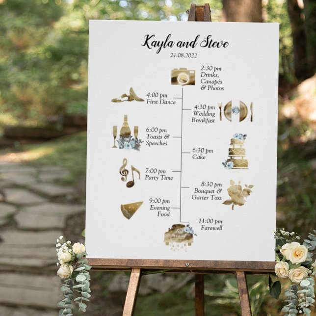 Chic Rustic Gold Watercolor Wedding Timeline Sign (Creator Uploaded)