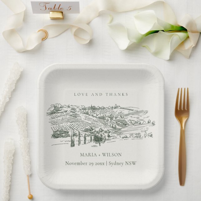 Chic Rustic Green Winery Mountain Sketch Wedding Paper Plate (Wedding)