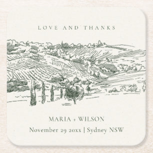 Chic Rustic Green Winery Mountain Sketch Wedding Square Paper Coaster