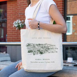 Chic Rustic Green Winery Mountain Sketch Wedding Tote Bag