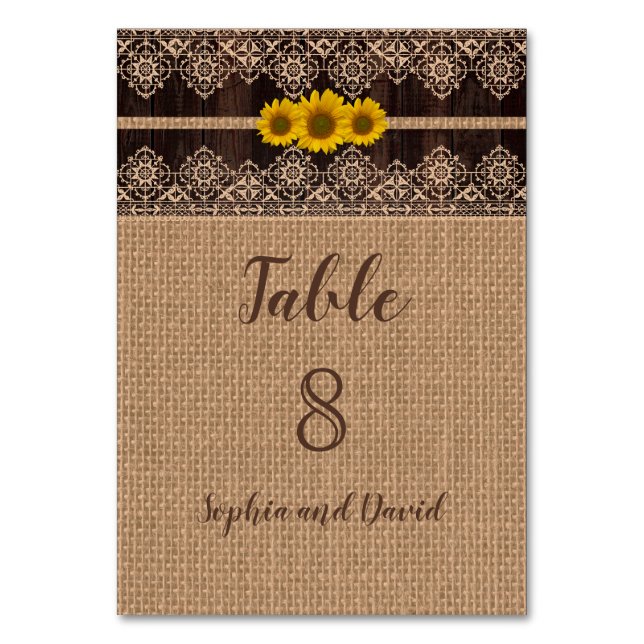 Chic Rustic Lace Burlap Wood Wedding Table Number (Front)