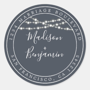 Chic Rustic Light Dark Blue Wedding Return Address Classic Round Sticker