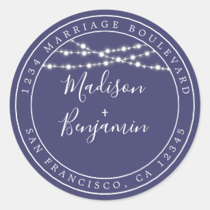 Chic Rustic Light Navy Blue Wedding Return Address Classic Round Sticker