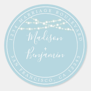 Chic Rustic Lights Blue Wedding Return Address Classic Round Sticker