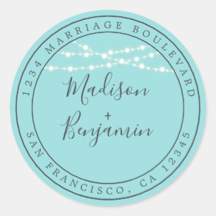 Chic Rustic Lights Blue Wedding Return Address Classic Round Sticker