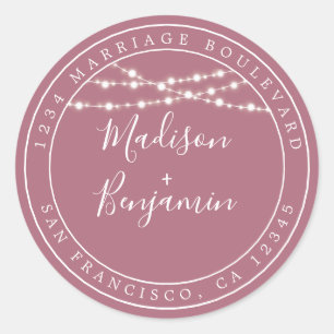 Chic Rustic Lights Purple Wedding Return Address Classic Round Sticker