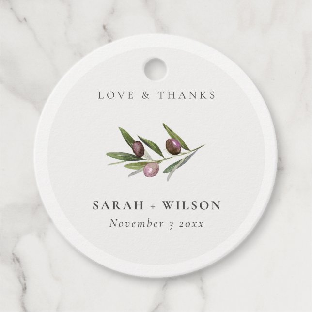 Chic Rustic Minimal Olive Branch Foliage Wedding Favour Tags (Front)