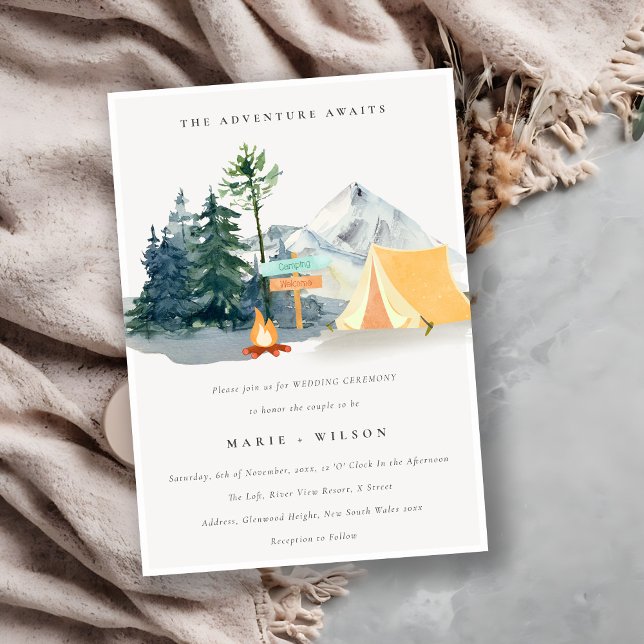 Chic Rustic Pine Woods Camping Mountain Wedding Invitation (Creator Uploaded)