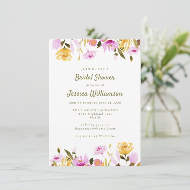 Chic Rustic Summer Watercolor Floral Bridal Shower Invitation (Standing Front)