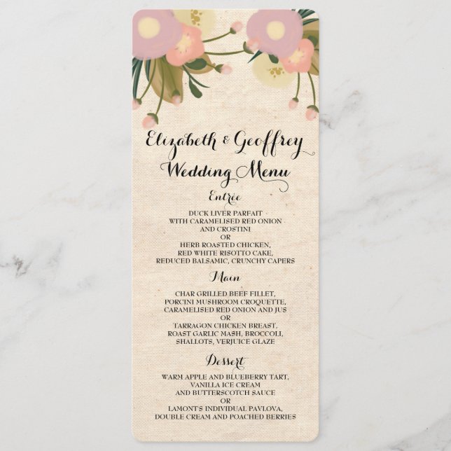 Chic Rustic Watercolor Floral Canvas Wedding Menu (Front)