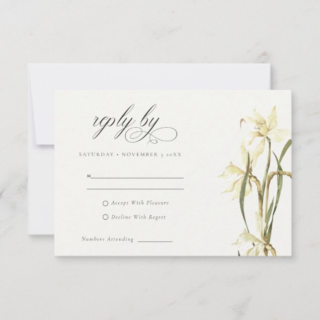 Chic Rustic White Daffodil Watercolor Wedding RSVP Card (Front)