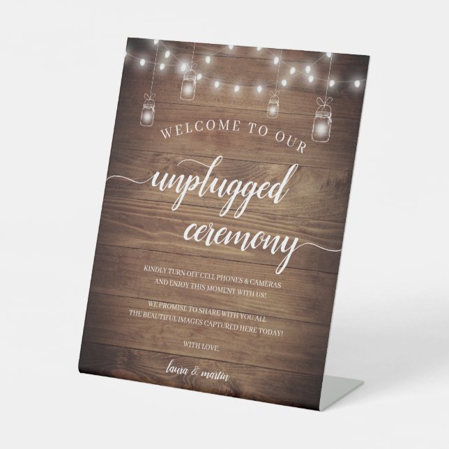 Chic Rustic Wood String Lights Unplugged Ceremony Pedestal Sign (Front)