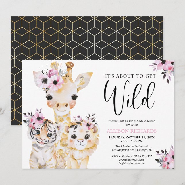 Chic safari pink black gold girl baby shower invitation (Front/Back)