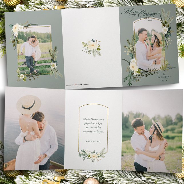 Chic Sage Christmas Botanical w/Gold Arched Photo Tri-Fold Card (Creator Uploaded)