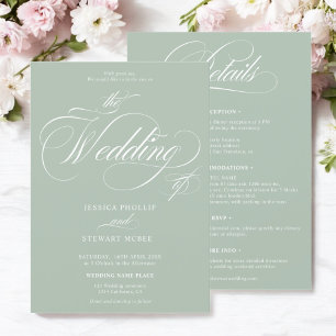 Chic sage green all in one calligraphy wedding invitation