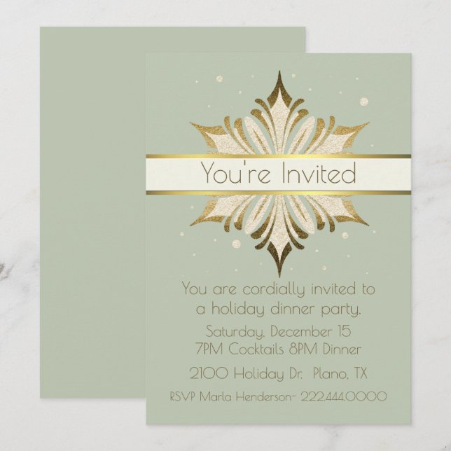 Chic Sage Green and Gold Holiday Party Invitation (Front/Back)