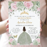 Chic Sage Green Baby Pink Floral Gold Quinceañera Invitation<br><div class="desc">This chic Quinceañera invitation features a quince girl dressed in a lovely sage green dress, beautiful baby pink, sage green floral and soft greenery foliage. Personalise it with your details easily and quickly, simply press the customise it button to further re-arrange and format the style and placement of the text....</div>