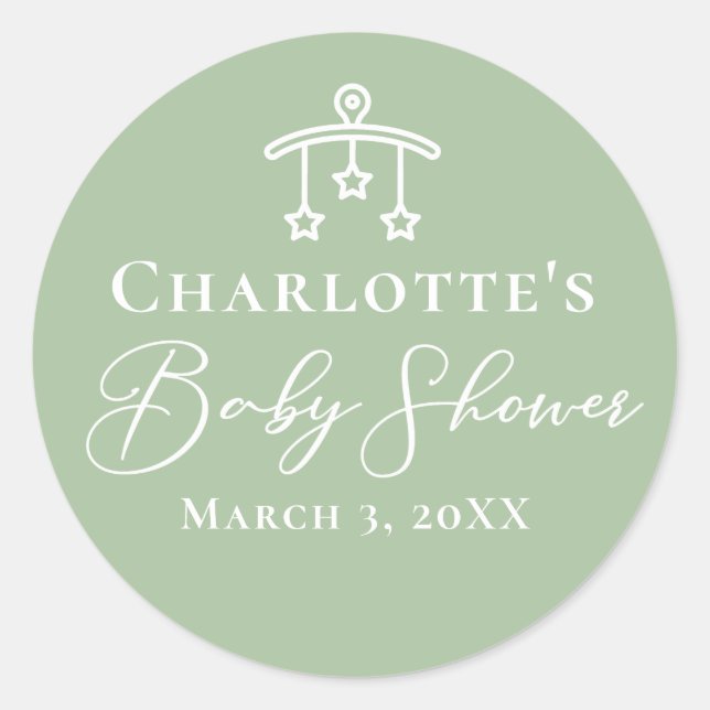 Chic Sage Green Baby Shower Personalised Classic Round Sticker (Front)