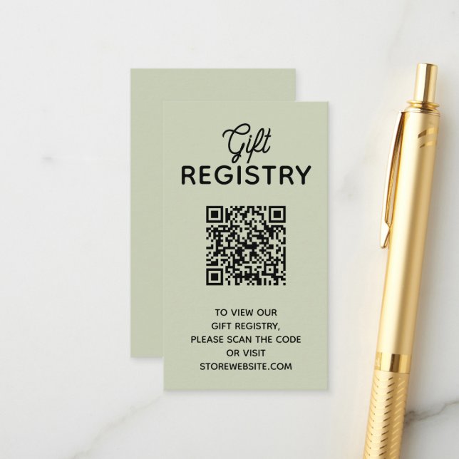 Chic Sage Green Baby Shower Registry QR Code Enclosure Card (Front/Back In Situ)