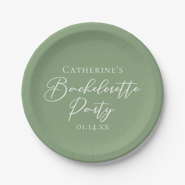 Chic Sage Green Bachelorette Party Personalized Paper Plate (Front)