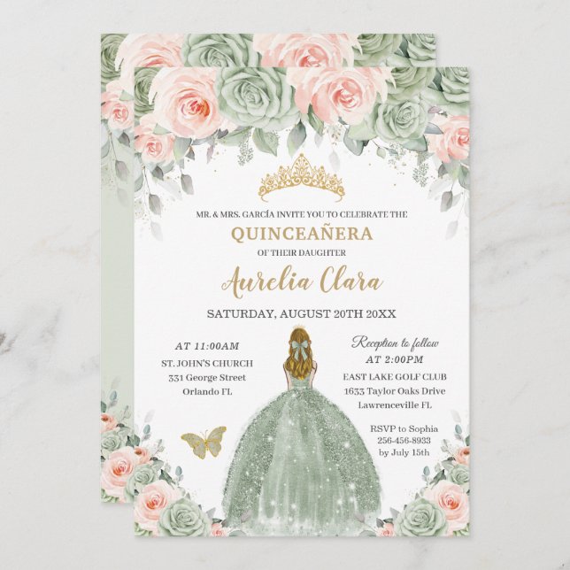 Chic Sage Green Blush Floral Blonde Quinceañera Invitation (Front/Back)