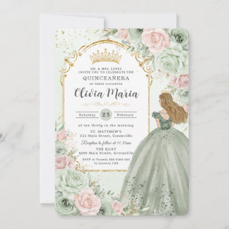 Chic Sage Green Blush Floral Princess Quinceañera Invitation