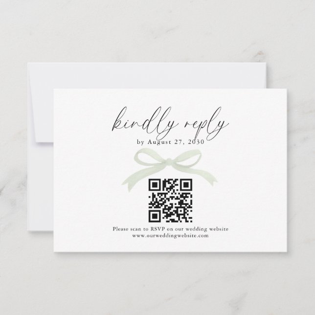 Chic Sage Green Bow Ribbon QR Code Wedding Rsvp Card (Front)