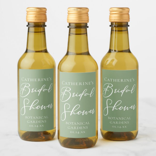 Chic Sage Green Bridal Shower Personalised Mini Wine Label (Bottles)