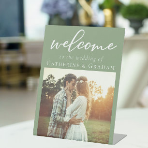 Chic Sage Green Couple Photo Wedding Welcome Pedestal Sign