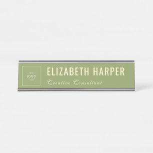 Chic Sage Green & Cream Business Logo Custom Desk Name Plate