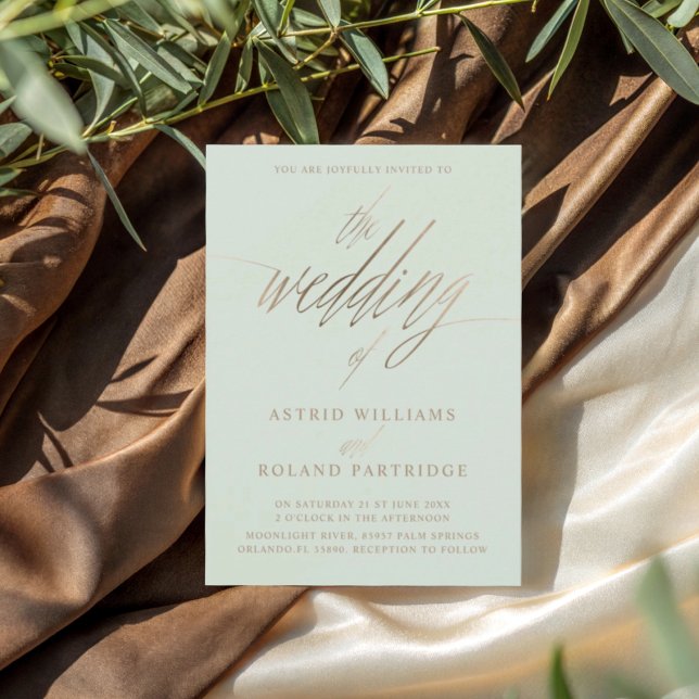 Chic Sage Green & Faux Gold Calligraphy Wedding Invitation (Creator Uploaded)